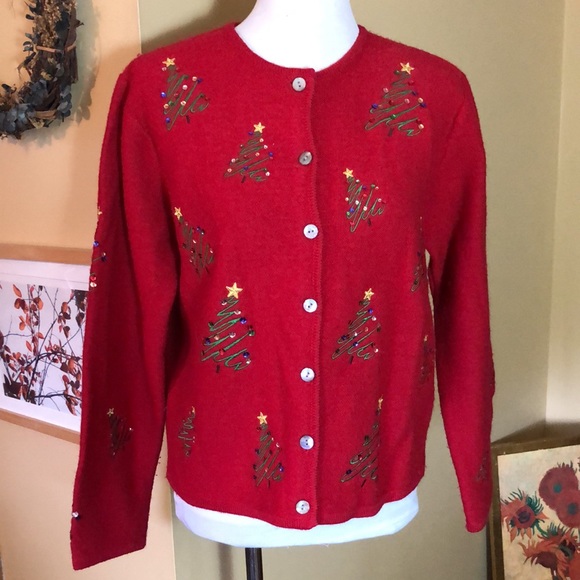 Vtg KAREN SCOTT sz Medium  100% Wool Christmas Tree Festive Embroidered HongKong - Picture 1 of 16